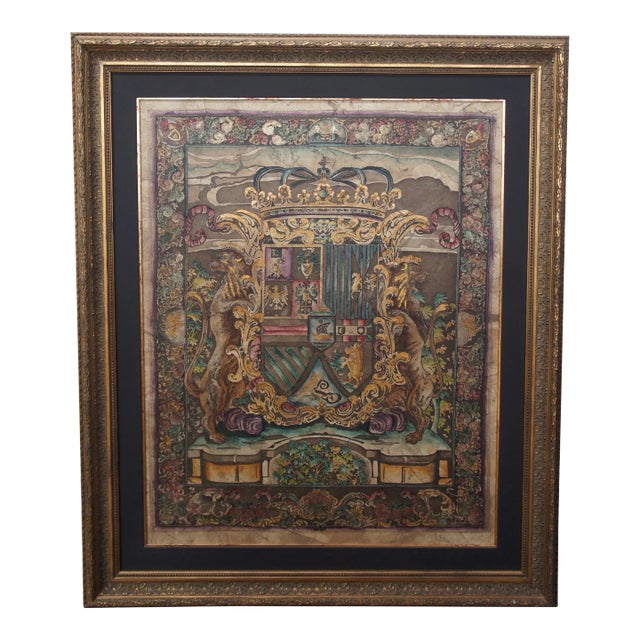 Late 20th Century Buckingham Crest Etching on Canvas by Liz Jardine Heraldic Shield Framed 63" For Sale