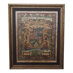 Late 20th Century Buckingham Crest Etching on Canvas by Liz Jardine Heraldic Shield Framed 63"