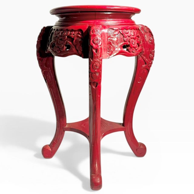 Chinese Vintage Chinese Burgundy Red Carved Wood End Table Pedestal For Sale - Image 3 of 18