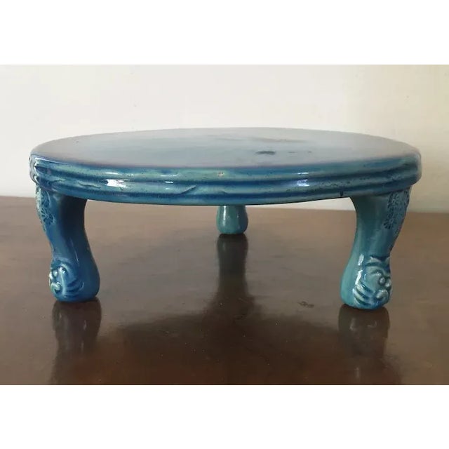 19th Century Antique 19th Century Chinese Peacock Blue Porcelain Altar Fruit Stand For Sale - Image 5 of 13