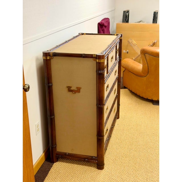 Wood 1992 Rare Ralph Lauren Cameron Canvas Faux Bamboo Brass Campaign Chest of Drawer For Sale - Image 7 of 12
