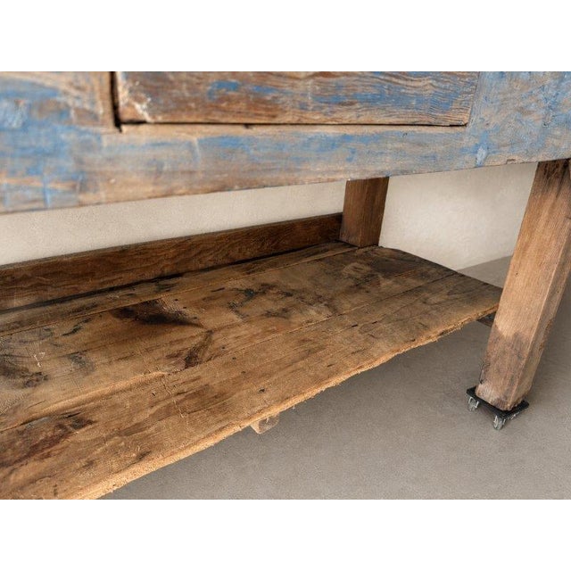 Antique 19th-Century Primitive Blue-Painted Carpenter's Workbench / Console Table For Sale - Image 11 of 13