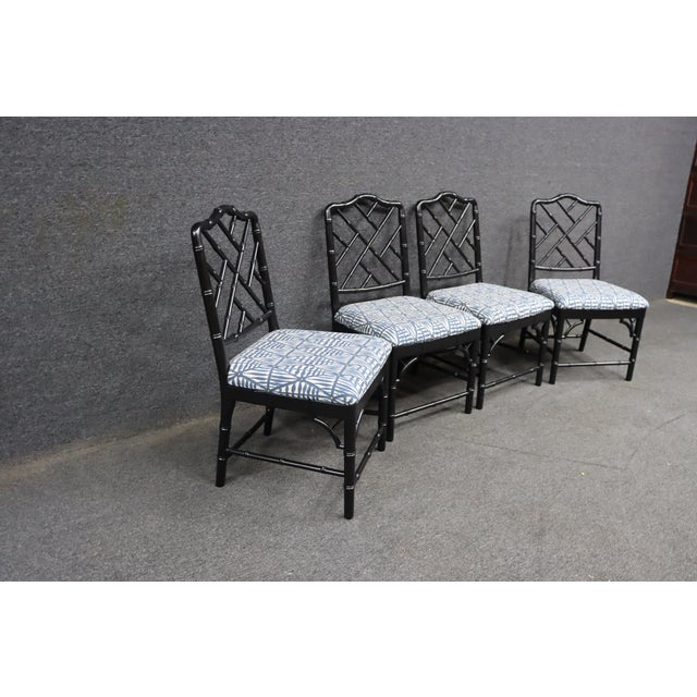 Hollywood Regency Set of 4 Hollywood Regency Ebonized Faux Bamboo Dining Side Chairs For Sale - Image 3 of 16