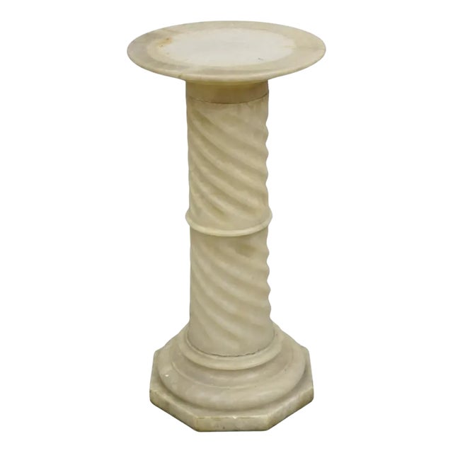 Antique Italian Classical Alabaster Marble Spiral Column Short Pedestal For Sale