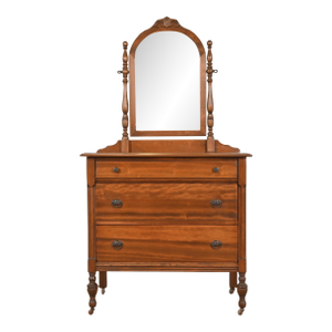 Baker Furniture Style Antique French Regency Louis XVI Carved Mahogany Vanity Dresser With Mirror, Circa 1920s
