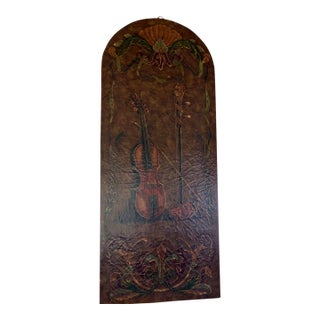 Late 20th Century Themed Crackle Painted Arched Wood Wall Panel - Violin and Huqin For Sale