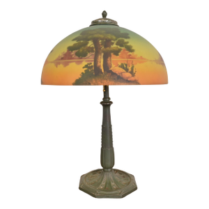Antique Arts & Crafts Table Lamp With Reverse Painted Lake Scene, Circa 1920s