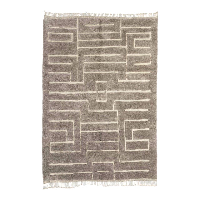 Maze-Pattern Hand-Knotted Moroccan Wool Rug | 11'3" X 7'9" | One of a Kind For Sale