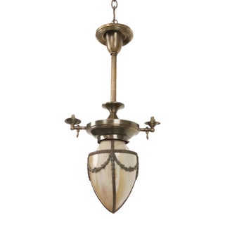 Restored 1890s Stained Glass Converted Gas Brass Pendant Light For Sale