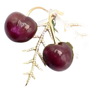 Vintage Tiffany & Co. France Diamond Plique a Jour Glass Cherries Gold Brooch For Sale