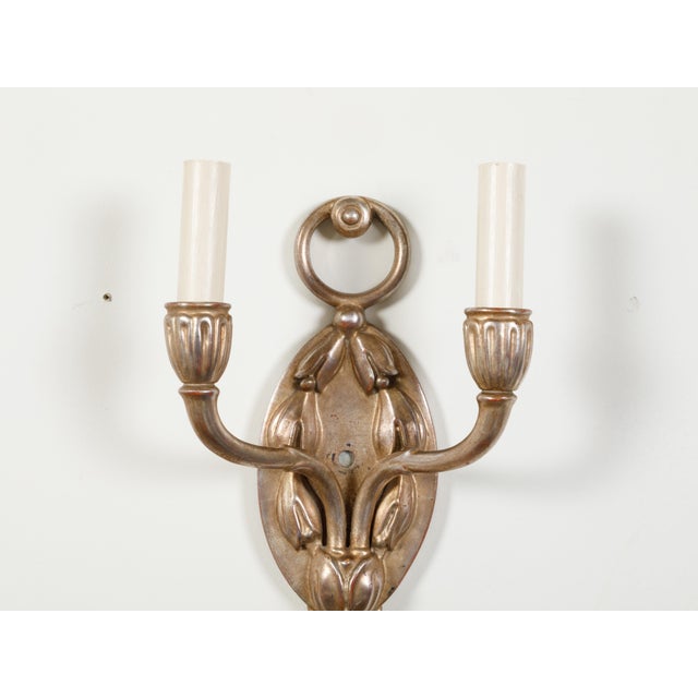 Mid 20th Century English Silver Plated Two-Light Wall Sconces with Foliage - Pair For Sale In Atlanta - Image 6 of 8