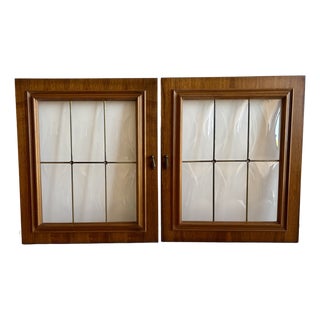 Vintage 70s Pair of Walnut and Convex Leaded Clear Glass Cabinet Doors For Sale