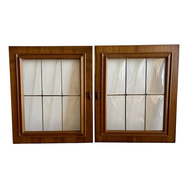 Vintage 70s Pair of Walnut and Convex Leaded Clear Glass Cabinet Doors For Sale