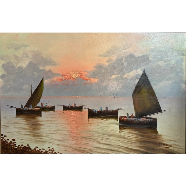 Brandi, Rosario, Ships at Dusk, Large Mid Century Italian Seascape Painting For Sale In Los Angeles - Image 6 of 12