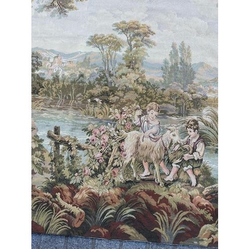 Vintage French Jacquard Pastoral Loves Tapestry in the style of Aubusson, 1950s For Sale - Image 3 of 18