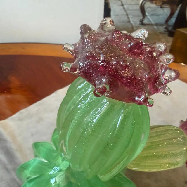 1990s Green Emerald and Amethyst Purple Murano Glass Flowering Cactus For Sale - Image 10 of 13