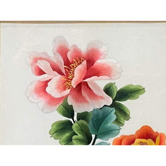 Chinese Oriental Chinese Peony Flower Embroidery Framed Wall Decor For Sale - Image 3 of 7