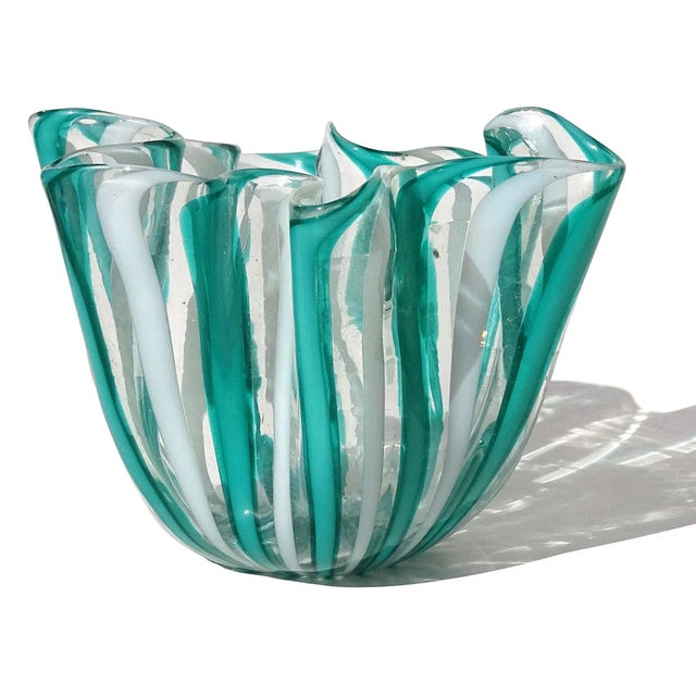 Abstract Venini Murano Bianconi Vintage Teal Green White Filigrana Ribbons Italian Art Glass Decorative Fazzoletto Vase For Sale - Image 3 of 6