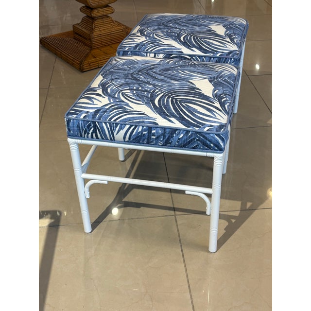 Vintage Pair Faux Bamboo Metal Benches Ottomans Stools Blue & White Palms For Sale In West Palm - Image 6 of 12