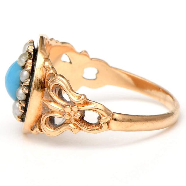 Victorian 10KY Victorian Turquoise & Seed Pearl Ring, size 5.5 For Sale - Image 3 of 5