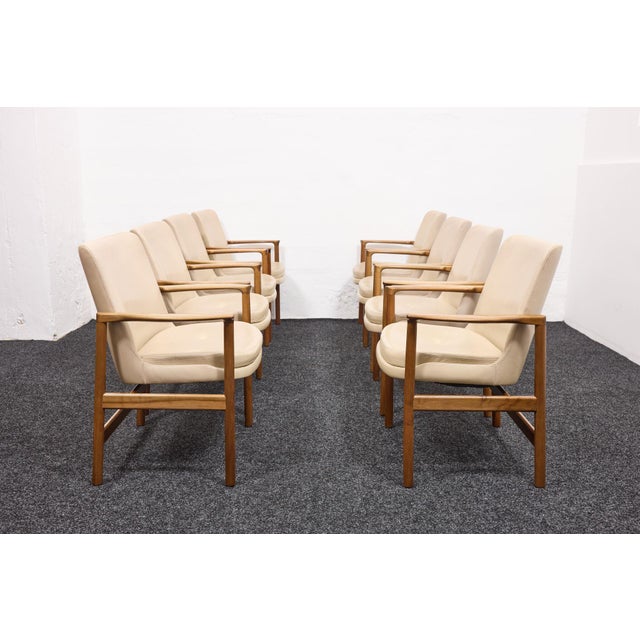 Mid-Century Conference Armchairs in Walnut and Vinyl Leather by Ib Kofod-Larsen, 1963, Set of 8 For Sale - Image 17 of 18