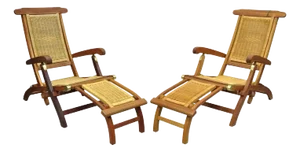 Late 20th Century Park Royal British Colonial Hardwood & Wicker Plantation Folding Deck Chair Pair