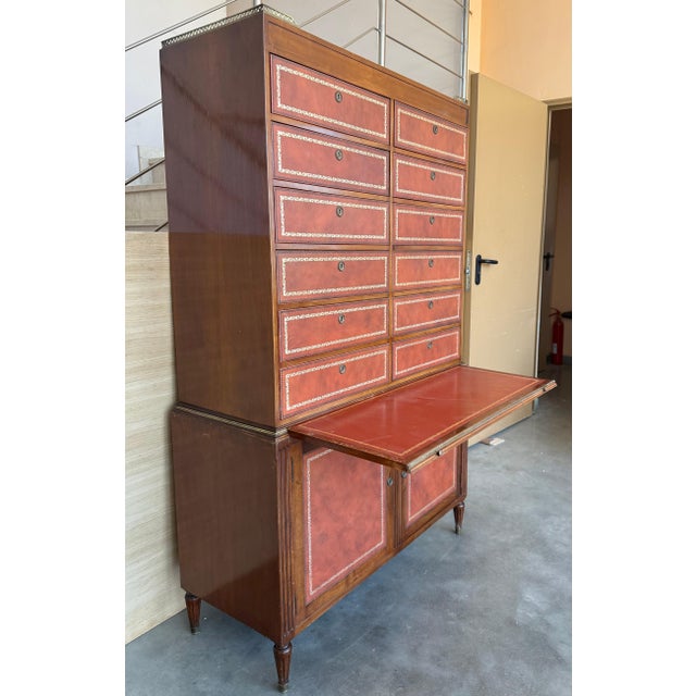 Early 20th Century Chippendale Style Orange Tooled Leather Commode Chest of Drawers, Desk For Sale - Image 18 of 18