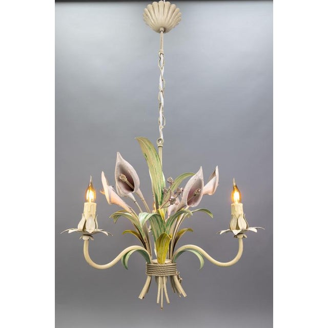 Hollywood Regency style pastel color callas lily flower bouquet metal chandelier, Germany, circa the 1970s. An adorable...