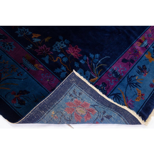 1920s 1920s Navy Blue Antique Chinese Art Deco Handmade Wool Rug With Floral Design For Sale - Image 5 of 15