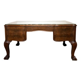 Antique Chippendale Burr Walnut Partners Desk with Glass Top For Sale