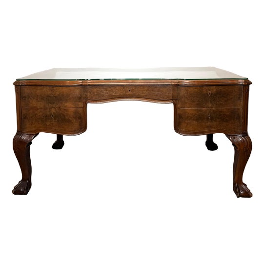 Antique Chippendale Burr Walnut Partners Desk with Glass Top For Sale