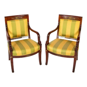 19th Century French Mahogany Empire Upholstered Armchairs With Bronze Mounts - A Pair
