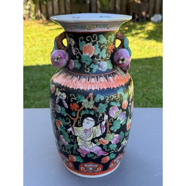 Late 20th Century Vintage Chinese Ceramic Vase W/Butterflies, Flowers & Pomegranate Fruit Handles For Sale - Image 5 of 16