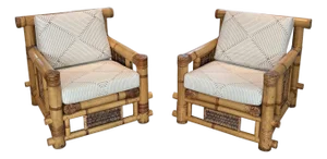 1970s Pair of large bamboo armchairs with Pierre Frey cushions