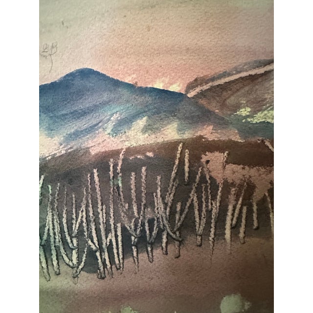 Mid-Century Abstracted Watercolor &Amp; Wax-Resist Mountain Landscape by Mina Tabuena. For Sale In West Palm - Image 6 of 12