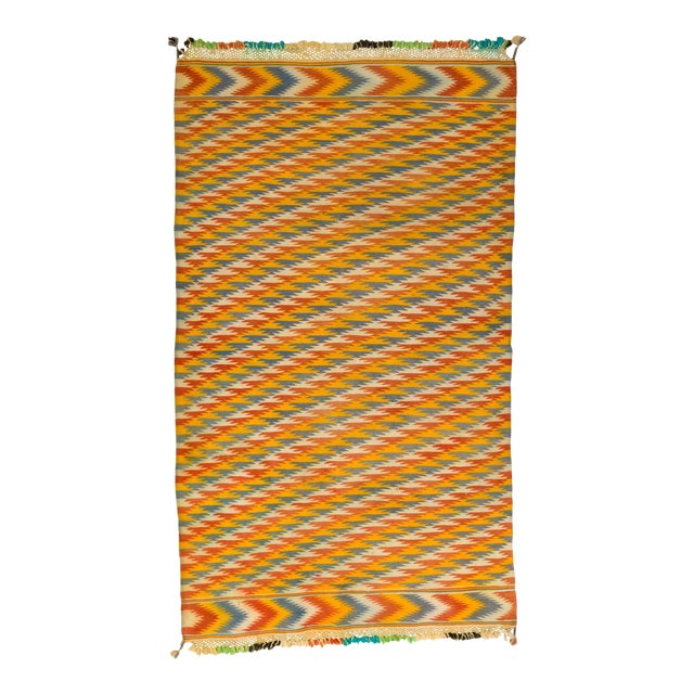 Tribal Blue and Yellow Chevron Pattern Rajasthani Indian Dhurrie Rug For Sale