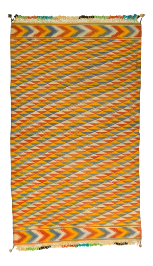 Tribal Blue and Yellow Chevron Pattern Rajasthani Indian Dhurrie Rug