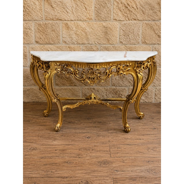 Louis XV Rococo Style Carved Giltwood Console Table with Marble Top, 1940s For Sale - Image 6 of 6