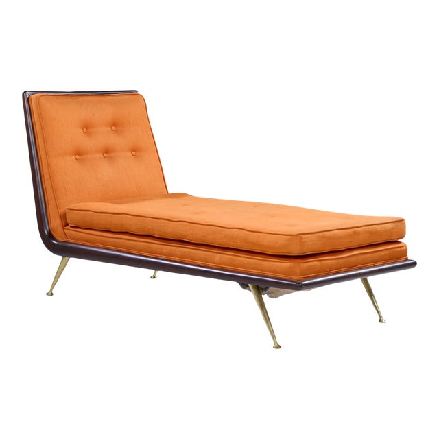 Robsjohn Gibbings for Widdicomb Mid Century Brass and Mahogany Chaise Lounge Chair For Sale