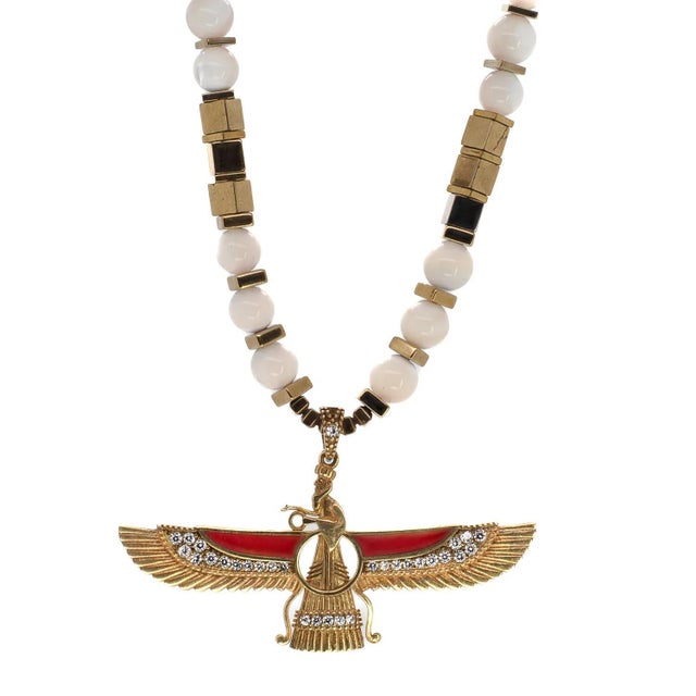 Metal Spiritual Guidance Faravahar Pendant White Beaded Necklace For Sale - Image 7 of 7
