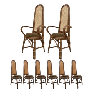 1960s Rattan + Cane Dining Chairs + Dark Moss Green Down Seat Cushions, Set of 8 For Sale