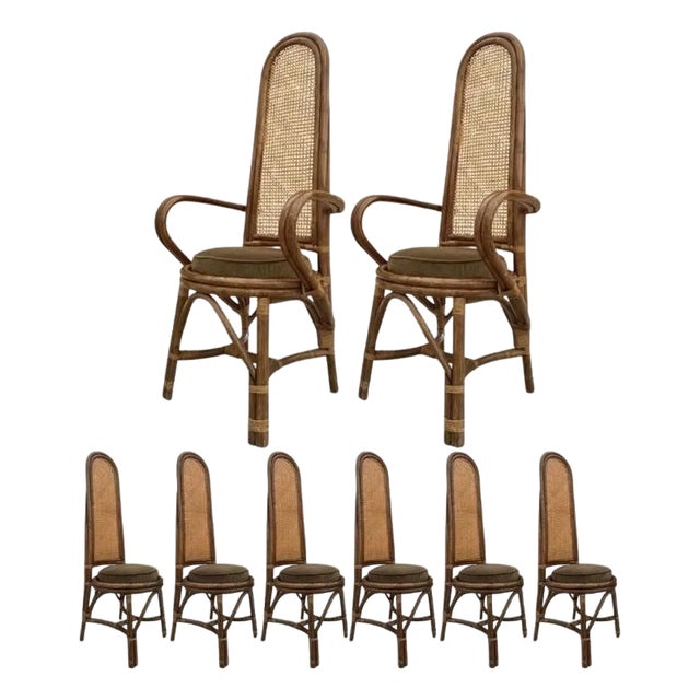 1960s Rattan + Cane Dining Chairs + Dark Moss Green Down Seat Cushions, Set of 8 For Sale