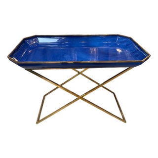 Vintage Folding Tray Table With Blue Enamel Tray and Brass Base, 1970s For Sale