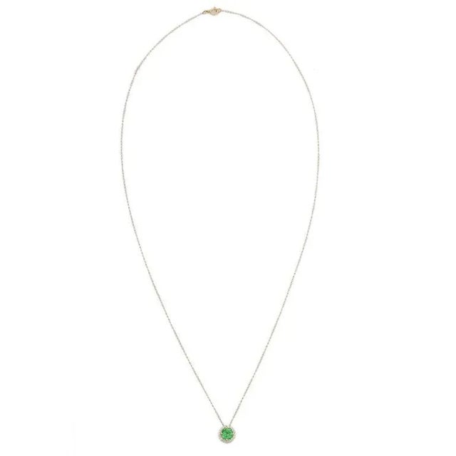 English 18k Solid Gold Tsavorite Solitaire Trasitionsl Necklace With Diamond Halo For Sale - Image 3 of 10