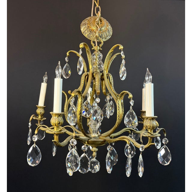 Glass Antique French Brass & Crystal Birdcage Chandelier – 5 Light For Sale - Image 7 of 17