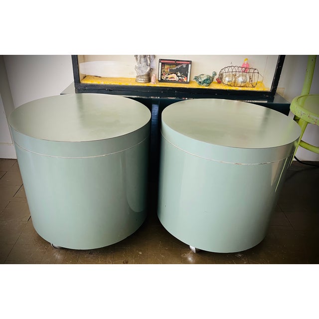 Green Vintage Mid Century Glam Era Rolling Side Tables Laminate, Pair For Sale - Image 8 of 14