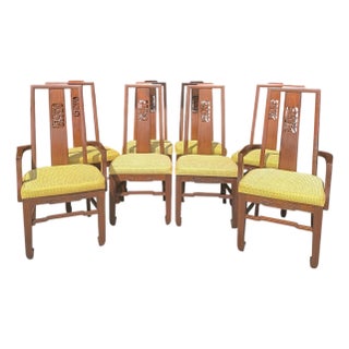 Mid-Century, Asian-Inspired Dinning Chairs With Carved Details For Sale