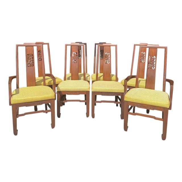 Mid-Century, Asian-Inspired Dinning Chairs With Carved Details For Sale