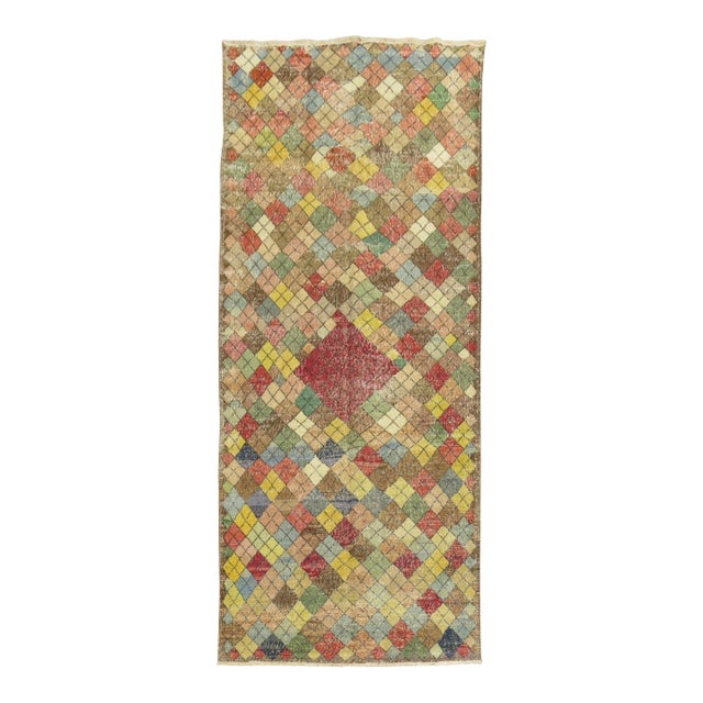 Mid 20th Century Shabby Turkish Deco Gallery Diamond Runner For Sale