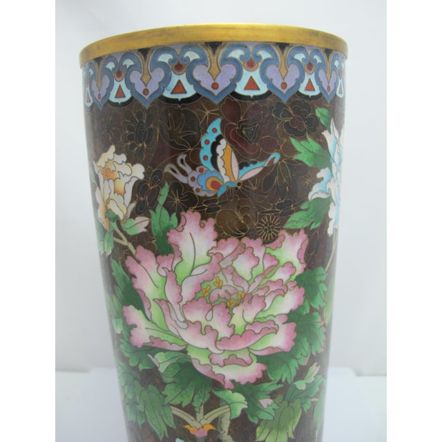 Large Cloisonne Enamel Flower & Butterfly Vase or Umbrella Stand For Sale - Image 10 of 12